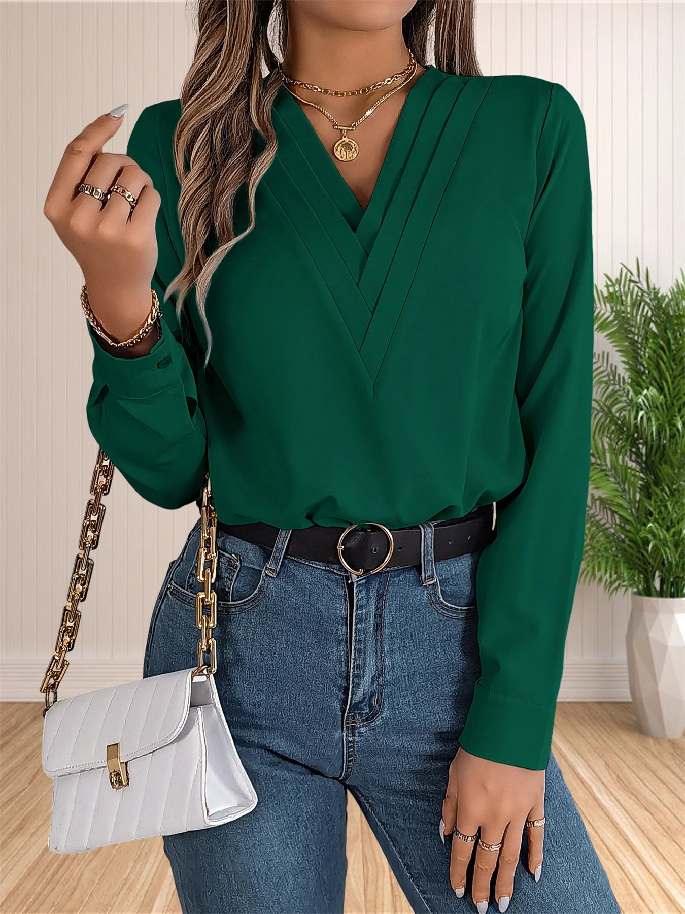 Women's Elegant Business Office Blouse Layered V Neck Long Sleeve 2024 Dressy Shirts Work Tops
