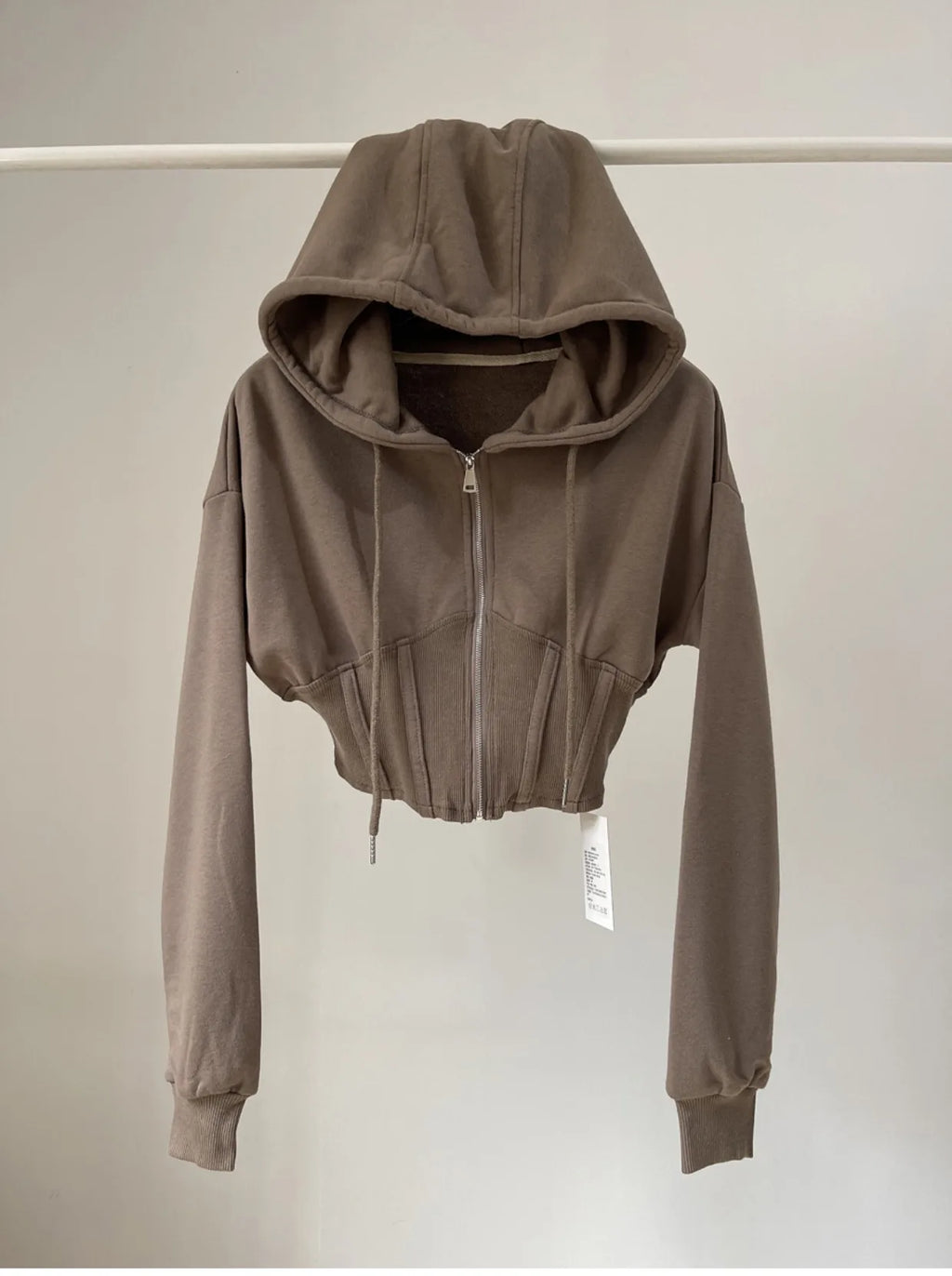 Hooded hoodie women's ultra short waist cinched open top jacket with exposed navel