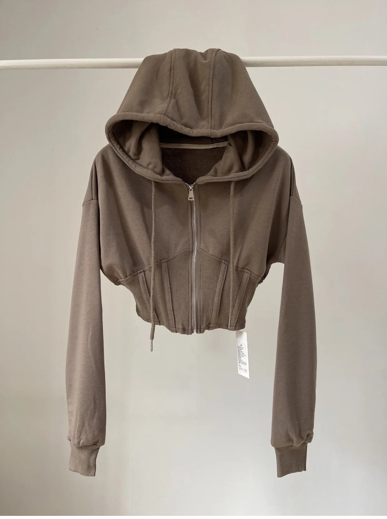 Hooded hoodie women's ultra short waist cinched open top jacket with exposed navel