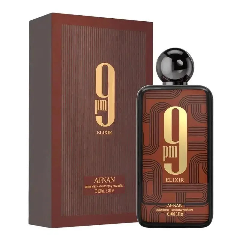 Afnan 9 PM Elixir Unisex Extrait de Parfum, 3.4 Fl. Oz | Opens with a luminous blend of nutmeg, elemi, and cardamom