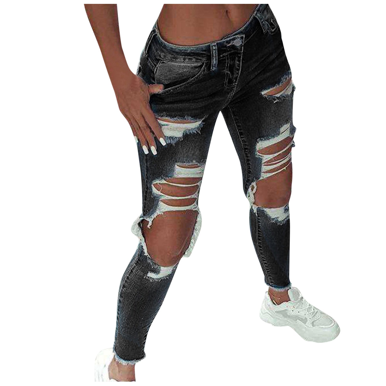 2023 New Women Fashion Mid Waist Boyfriend Big Ripped Hole Jeans Casual High Street Denim Pants Sexy Vintage Pencil Jeans