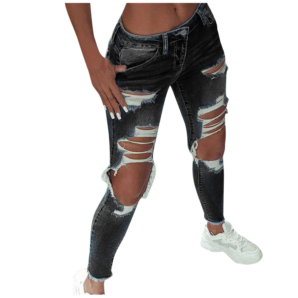 2023 New Women Fashion Mid Waist Boyfriend Big Ripped Hole Jeans Casual High Street Denim Pants Sexy Vintage Pencil Jeans