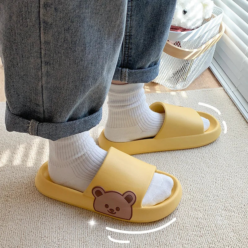 Summer Men Slippers Indoor Women Bathroom Soft Sole Non-slip Slides Home Cartoon Bear Flip Flops Beach Sandals Ladies Shoes