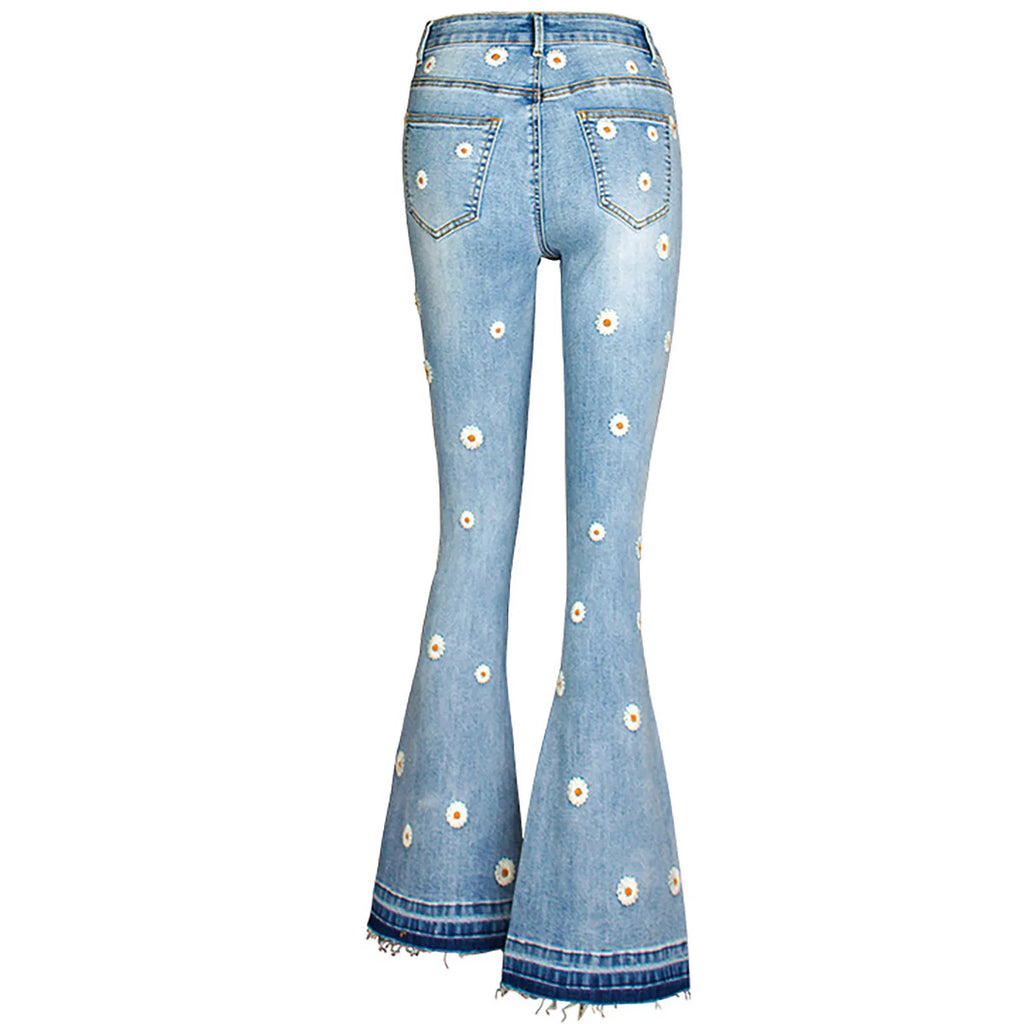 Ladies Daisy Embroidered Denim Pants Women's New Chic Long Fashion Personality Classic Versatile Flared Jean Trousers for Women