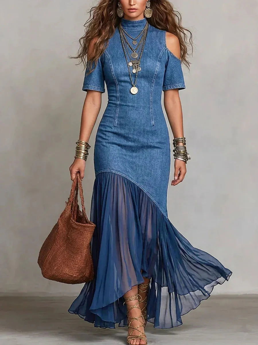 Women Elegant Denim Dress Short Sleeves Mock Neck Splicing Chiffon Pleated Dress Off-shoulder Vintage Casual Slim Long Dress