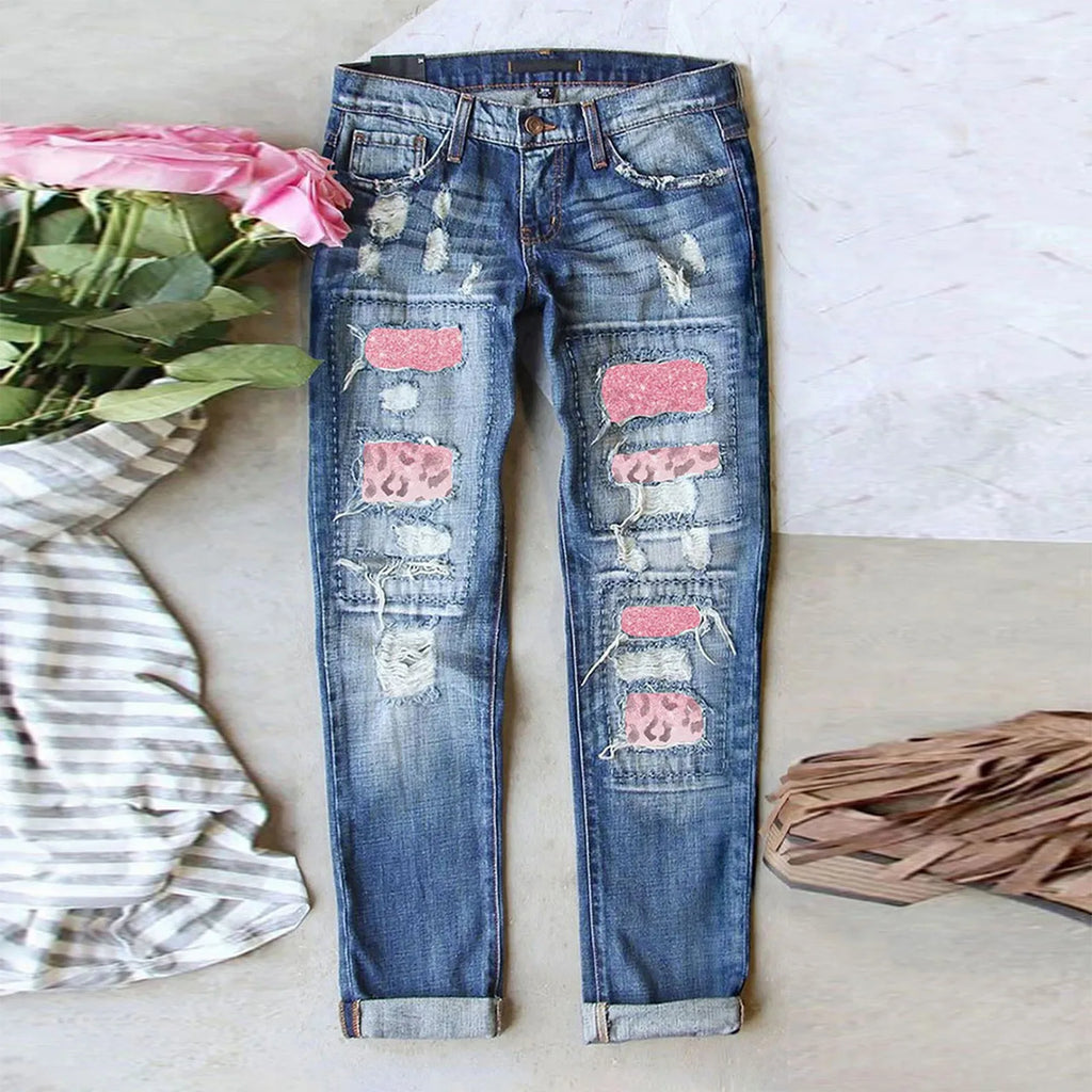 Womens Slim Denim Pants Ripped Jeans Casual Loose Trousers Heart Print Ripped Y2k Slim Fit Distressed Stretch Jeans Pantalones