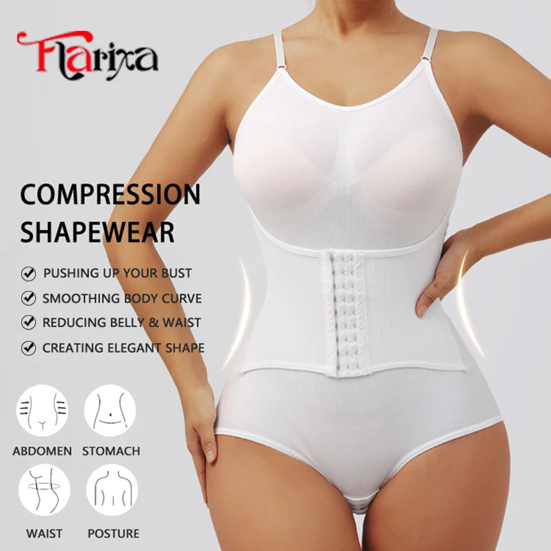 Flarixa Women Suspender Shapewear Bodysuit With Hooks Seamless Waist Trainer Body Shaper Briefs Butt Lifter Tummy Slimming Faja