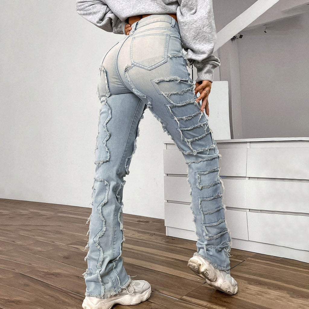 Vintage Y2k High Waisted Jeans Stretch Patch Denim Stacked Straight Leg Embroidered Straight Leg Pants Baggy Jeans For Women