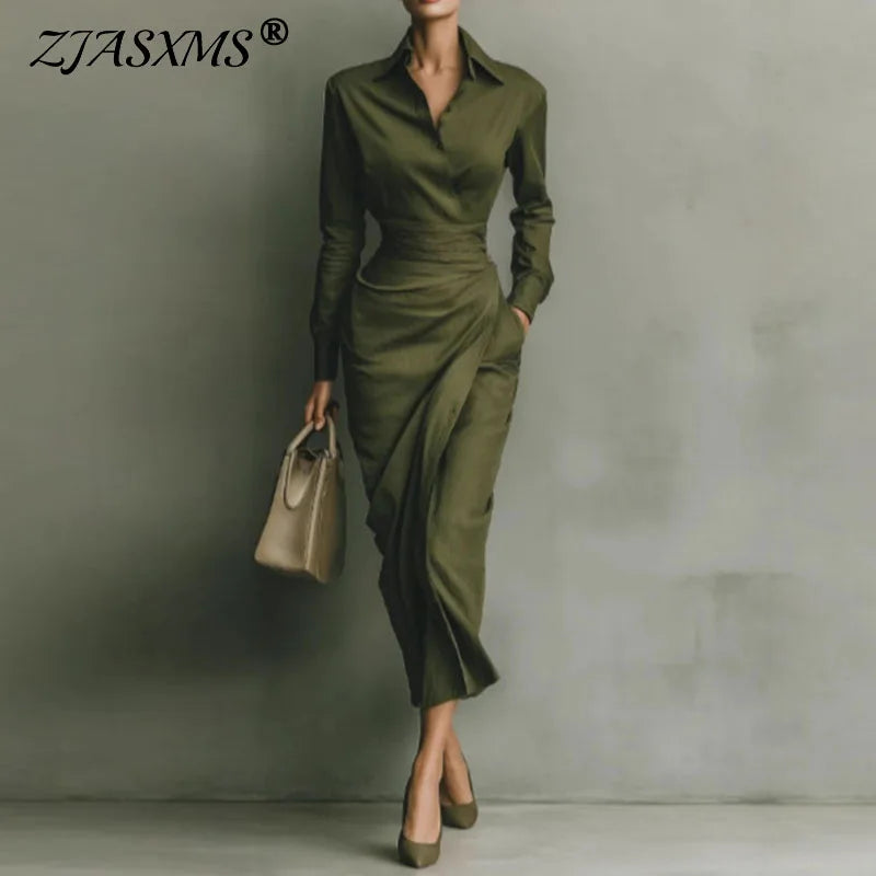 Elegant Dresses Woman Spring Polo Collar Button High Waist Slim Bodycon Dress Autumn Long Sleeve Solid Office Lady Dress Vestido