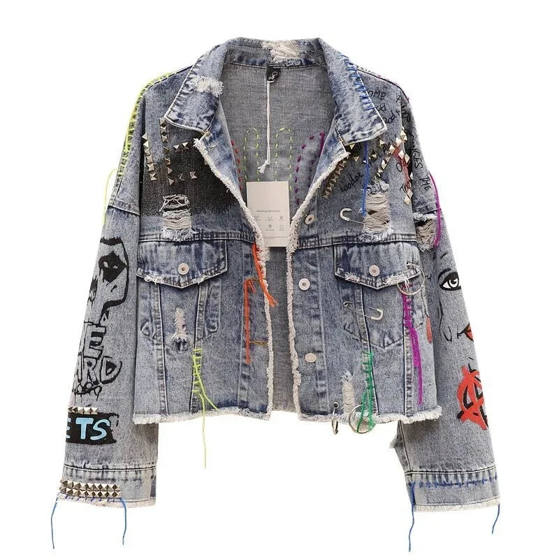 2026 Spring Autumn Women Street Fashion Graffiti Denim Jacket Female Short Frayed Raw Cut Rivet Jacket Fringe Jean Coat Outwear