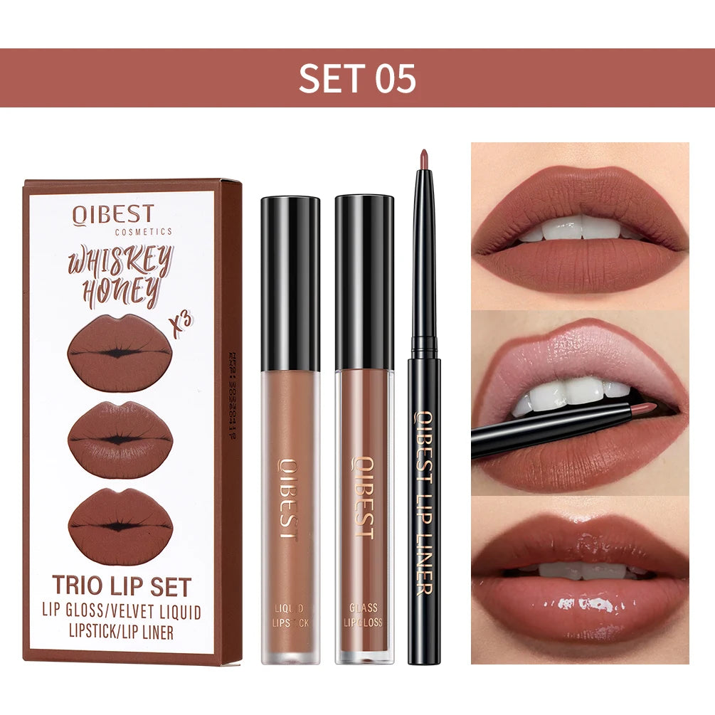 3pcs Lip Makeup Sets Lip Gloss Glaze Tint Long-lasting Matte Liquid Lipstick Waterproof Sweatproof Lip Liner Pencil Contour Kits