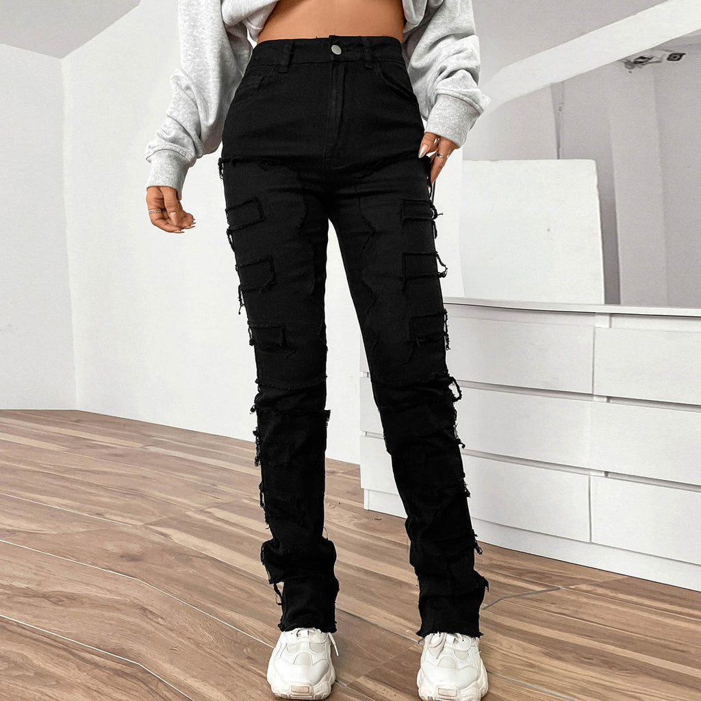 Vintage Y2k High Waisted Jeans Stretch Patch Denim Stacked Straight Leg Embroidered Straight Leg Pants Baggy Jeans For Women