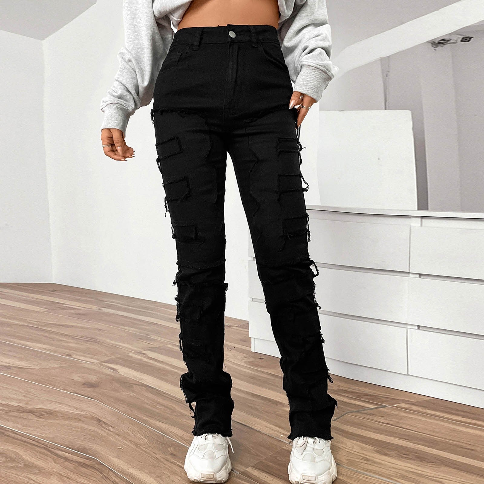 Vintage Y2k High Waisted Jeans Stretch Patch Denim Stacked Straight Leg Embroidered Straight Leg Pants Baggy Jeans For Women