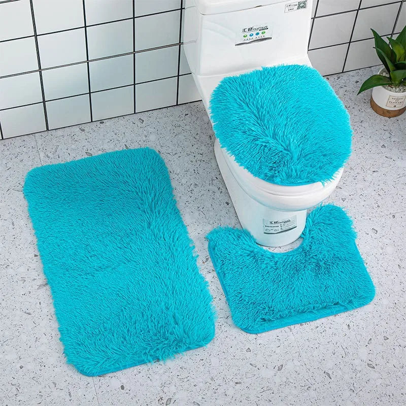 3PCS/set Solid Color Bathroom Mat Set Fluffy Hairs Bath Carpets Modern Toilet Lid Cover Rugs Kit Rectangle U-shape Floor Mats