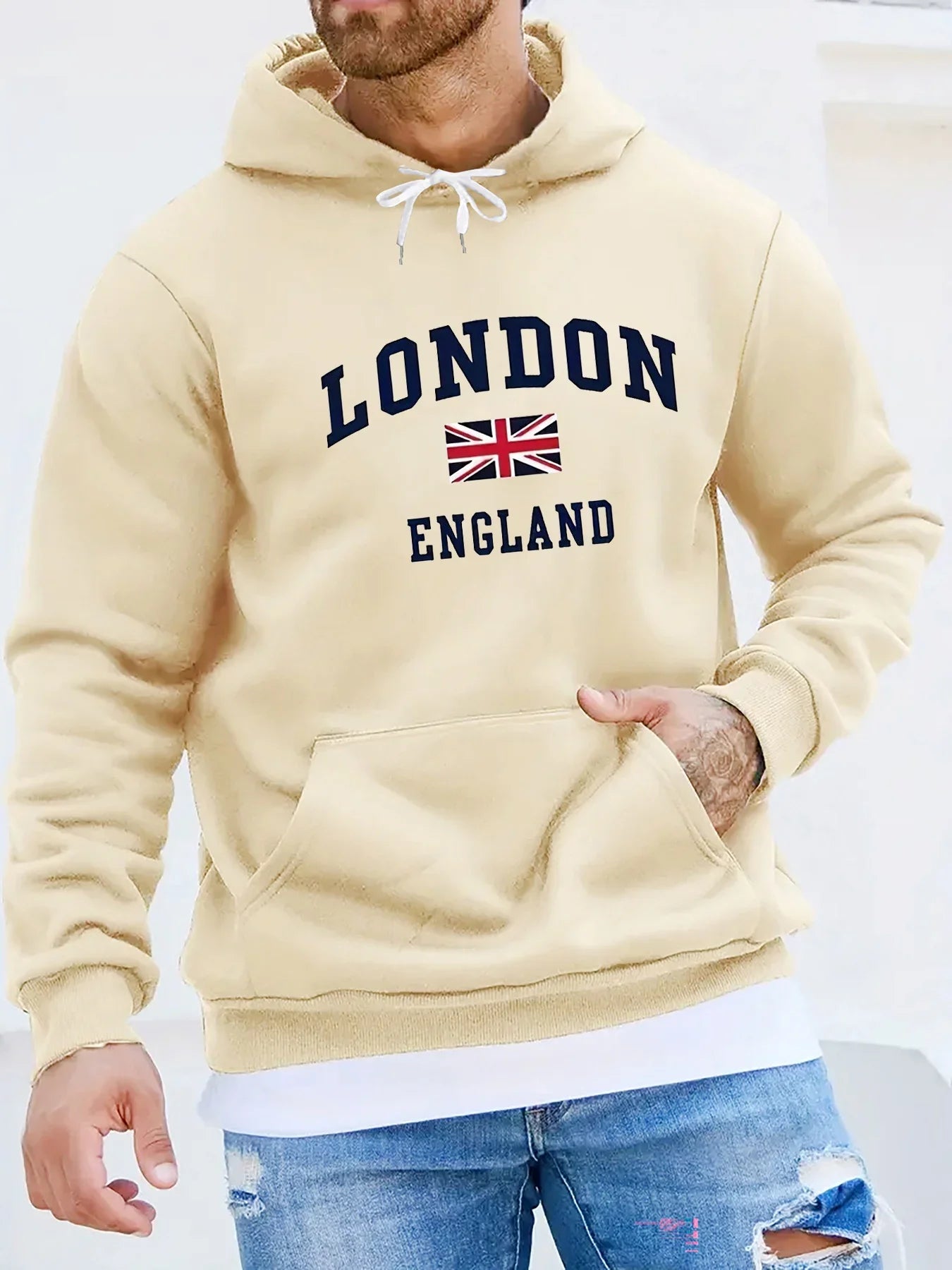 Men's autumn and winter casual and fashionable loose hooded sweatshirt, printed long-sleeved warm pullover