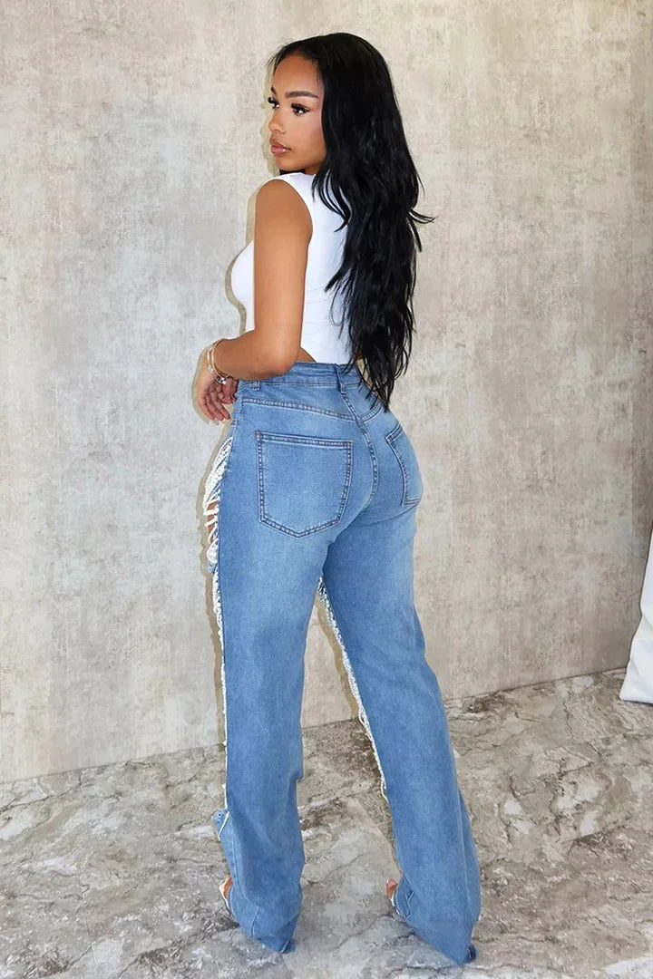 Women Fashion Pearl Beading Ripped Hollow Out Tassel Wide Leg Jeans 2026 New Summer INS Street Denim Pants Trousers