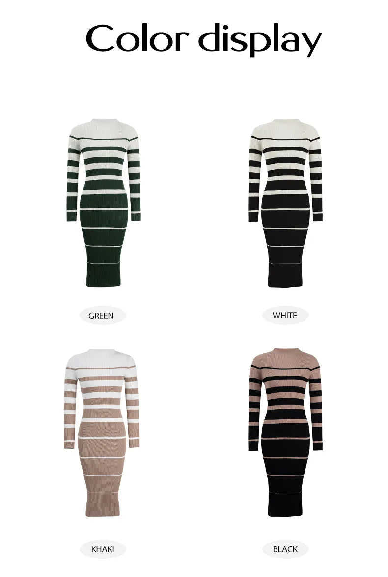 Office Ladies Knitted Dress Elegant Striped Print Slim Long-sleeved Dress 2025 Autumn Winter Fashion New
