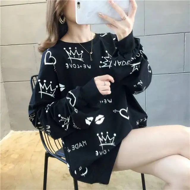 Women's Sweatshirts Black Youthful Clothes Emo Sport Korean Streetwear Y2k Japanese New In Plus Size Female Pullover Top Graphic