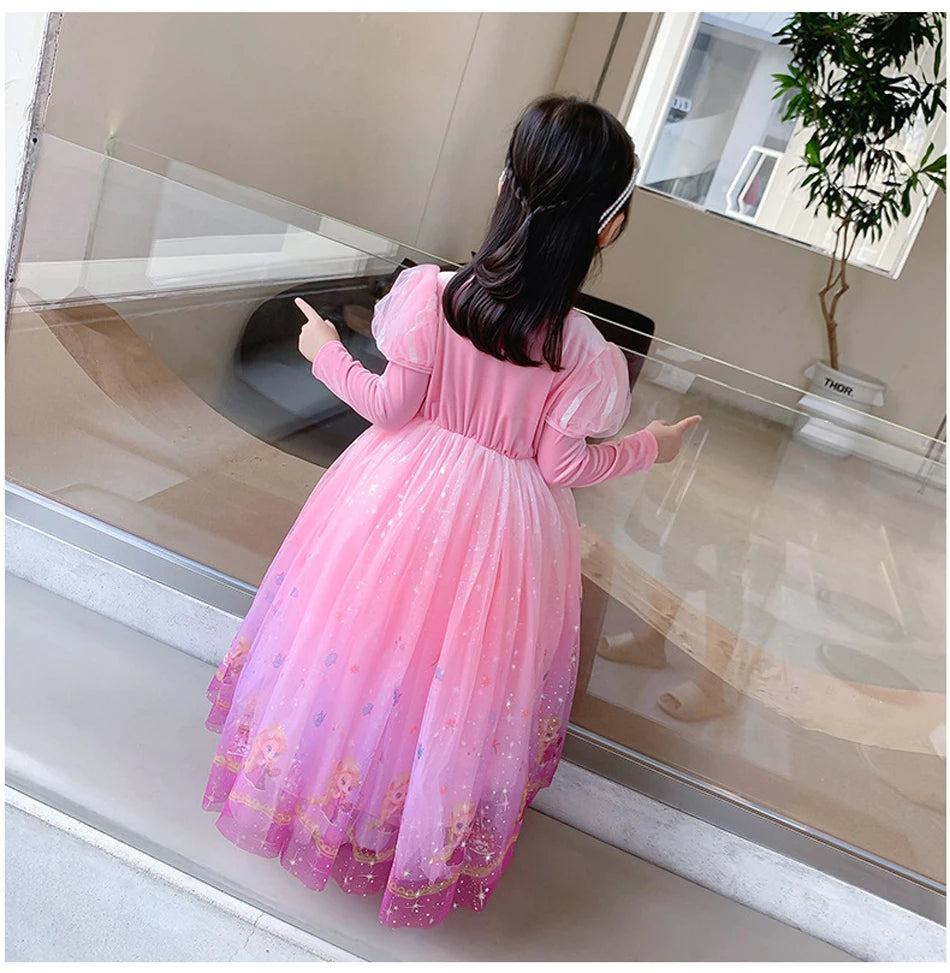 Girls Princess Pink Dress Children Rapunzel Pink Clothing Girls Spring Autumn and Winter Velvet Dress Kids Stage Performs Clothe