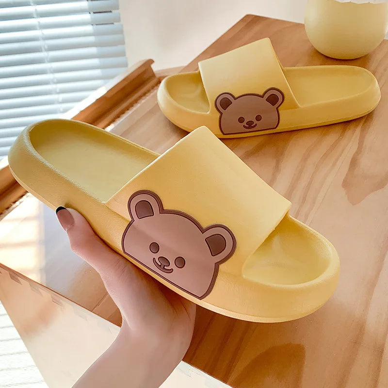 Summer Men Slippers Indoor Women Bathroom Soft Sole Non-slip Slides Home Cartoon Bear Flip Flops Beach Sandals Ladies Shoes