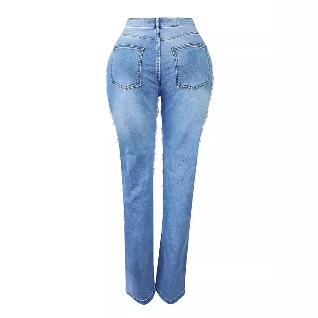 Women Fashion Pearl Beading Ripped Hollow Out Tassel Wide Leg Jeans 2026 New Summer INS Street Denim Pants Trousers