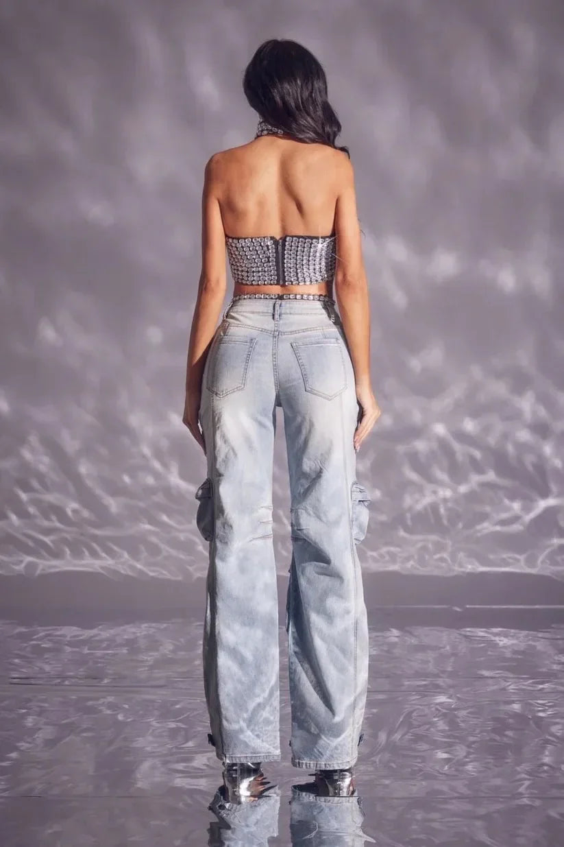 Women Cutout Diamonds Crystal Hollow Out Straight Denim Pants 2024 Fall Multi Pocket High Waist Wide Leg Jeans Trousers