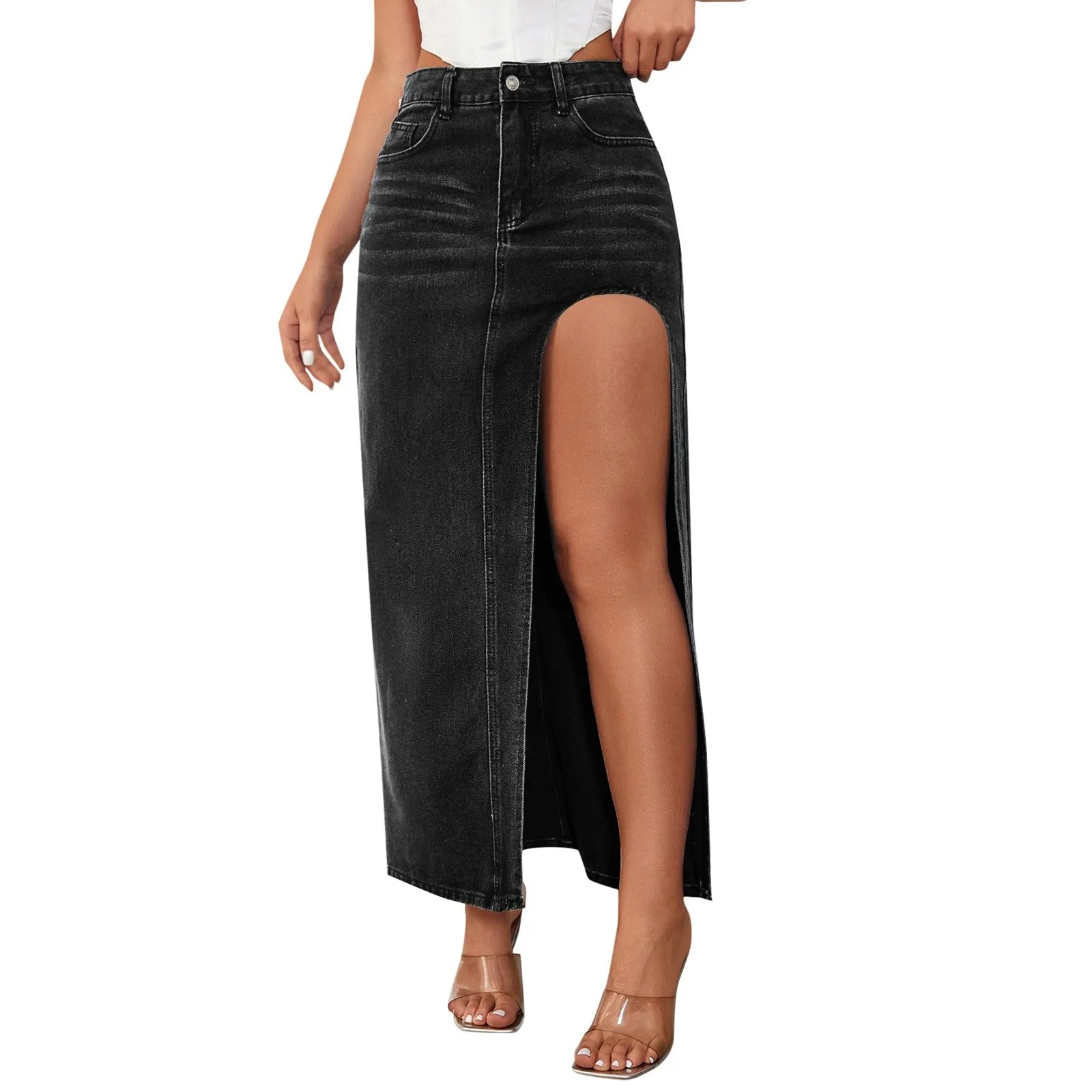 Fashion Design Women High Slit Long Skirt Spring Summer Washed Mid Length Skirt High Waist Denim Skirt Aesthetics Sexy Clothes