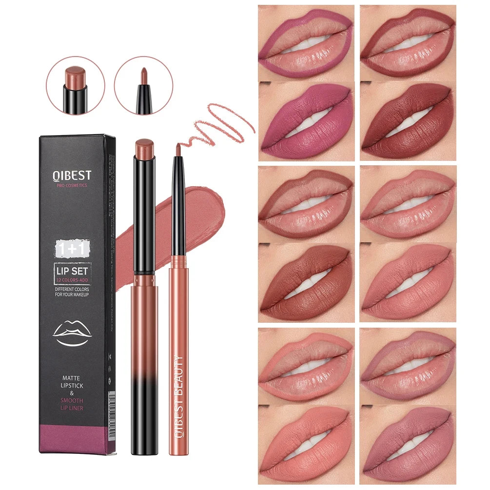2pcs Lipstick Lipliner Pen Set Matte Velvet Lip Liner Pencil Contour Makeup Sexy Red Lip Stick Long Lasting Cosmetics