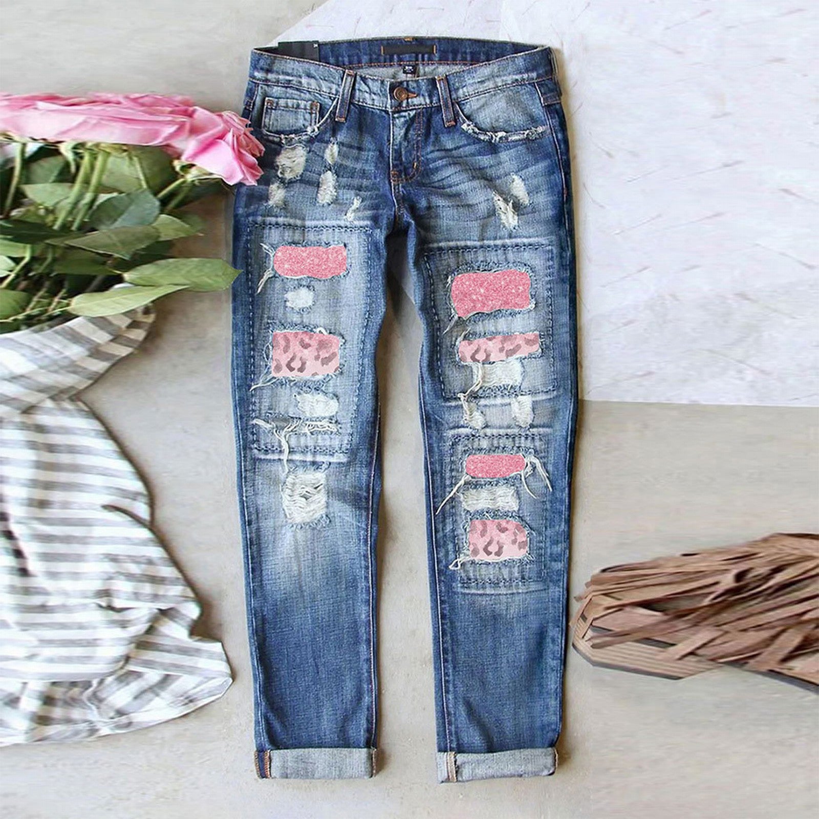 Womens Slim Denim Pants Ripped Jeans Casual Loose Trousers Heart Print Ripped Y2k Slim Fit Distressed Stretch Jeans Pantalones