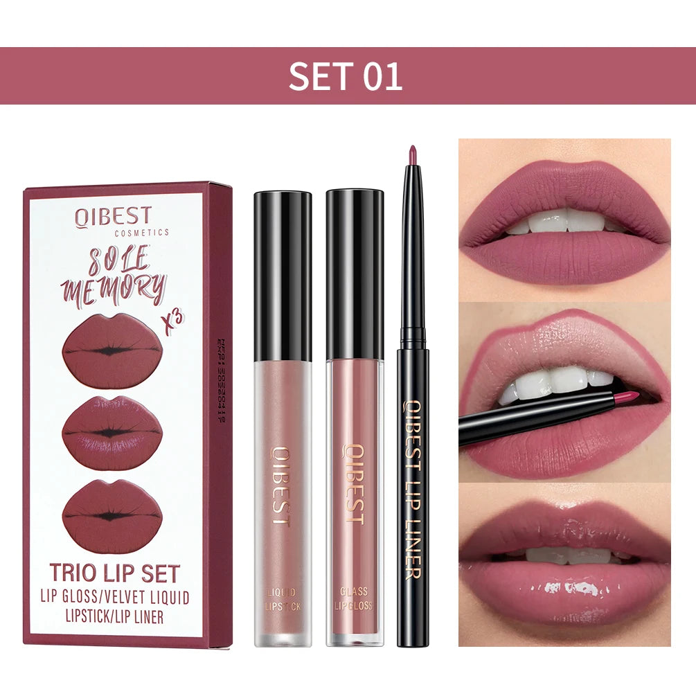 3pcs Lip Makeup Sets Lip Gloss Glaze Tint Long-lasting Matte Liquid Lipstick Waterproof Sweatproof Lip Liner Pencil Contour Kits