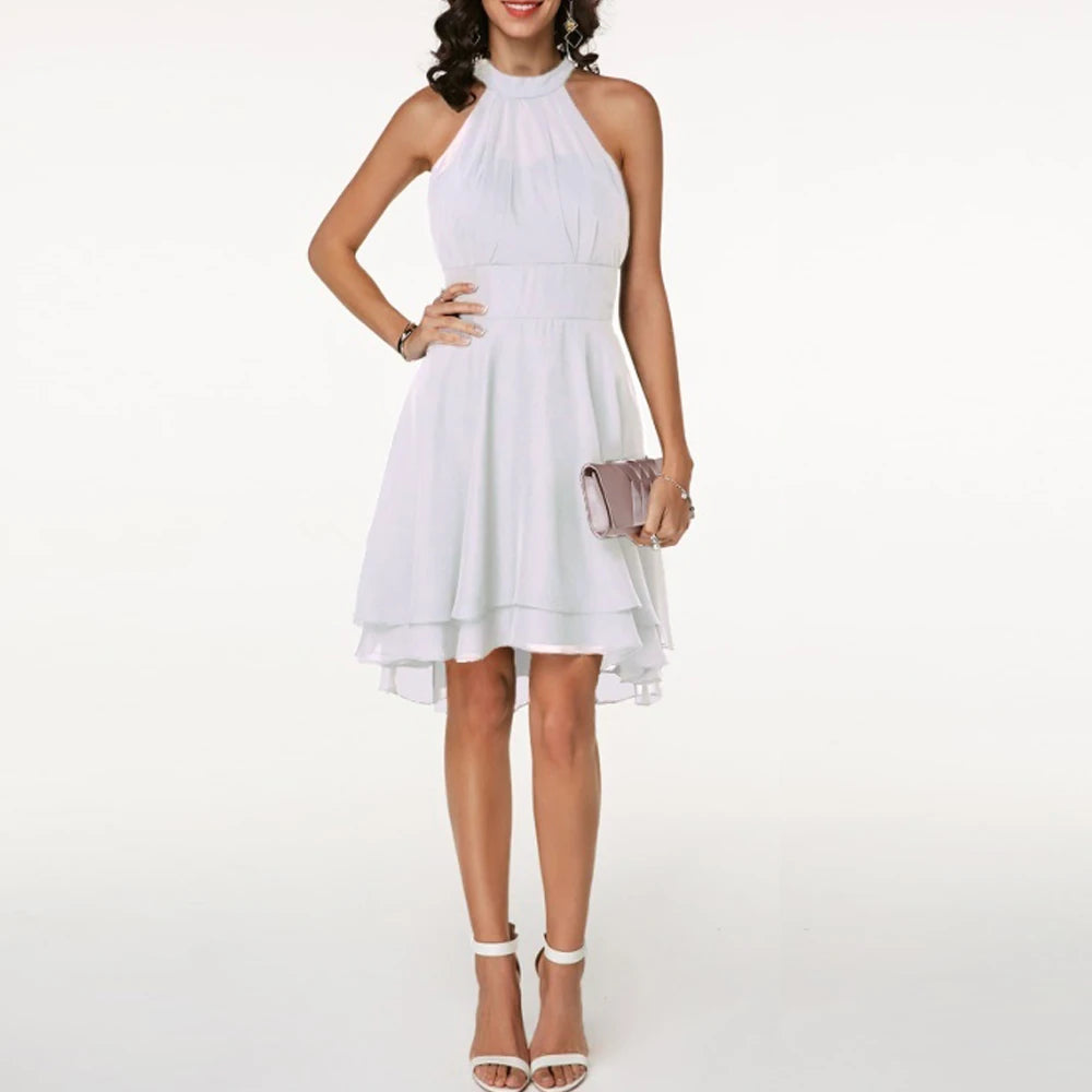 Women Elegant Dress Summer Solid High Waist Halter Sleeveless Midi Dresses Ladies Cropped Layered Chiffon Party Slim Dresses