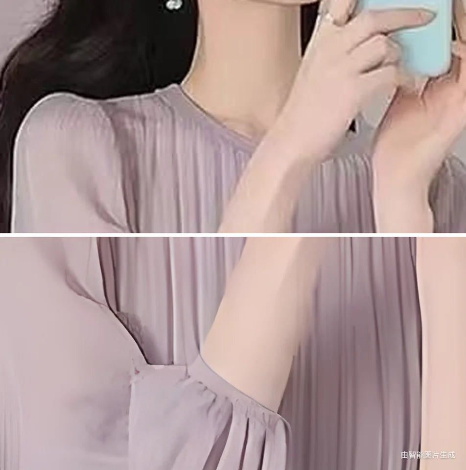 French Dress For Women Spring 2025 High-End Loose And Blue Chiffon Round Neck Long Sleeved Pleated Dress w531