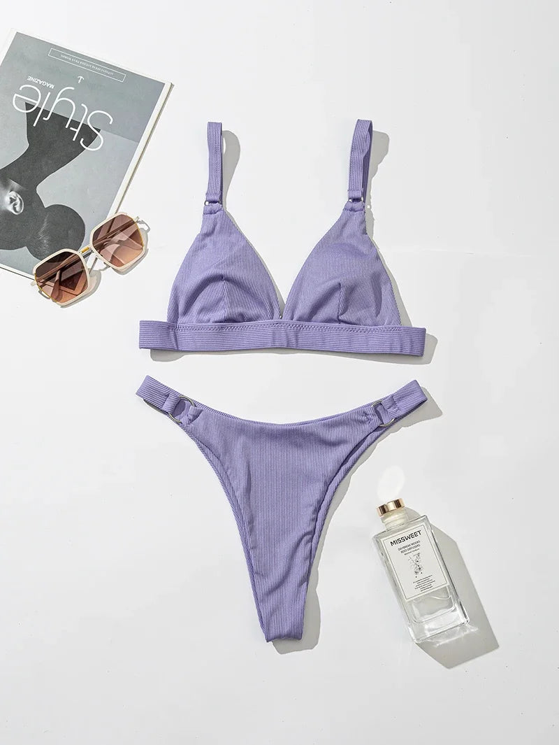 2024 new Sexy High Leg Cut Ribbed Female Swimsuit Halter Brazilian Bikini Women Swimwear Push Up Bikini Set Ring Bathing Suit