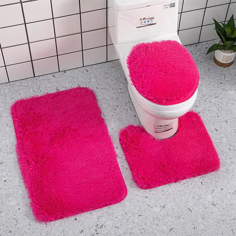3PCS/set Solid Color Bathroom Mat Set Fluffy Hairs Bath Carpets Modern Toilet Lid Cover Rugs Kit Rectangle U-shape Floor Mats