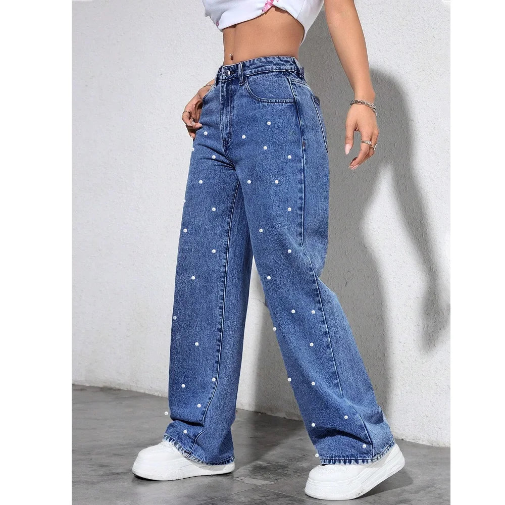 Women High Waist Denim Jeans Ladies Fashion Beading Straight Pants