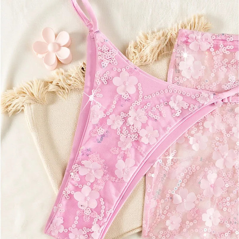 New Model Sequined Lace Up Skirt Three-piece Bikini Swimsuit For Women Summer Pink Strap Sexy Backless Beach Vacation Swimsuit