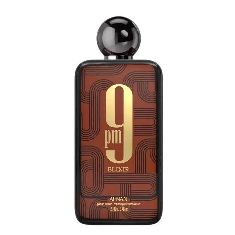 Afnan 9 PM Elixir Unisex Extrait de Parfum, 3.4 Fl. Oz | Opens with a luminous blend of nutmeg, elemi, and cardamom