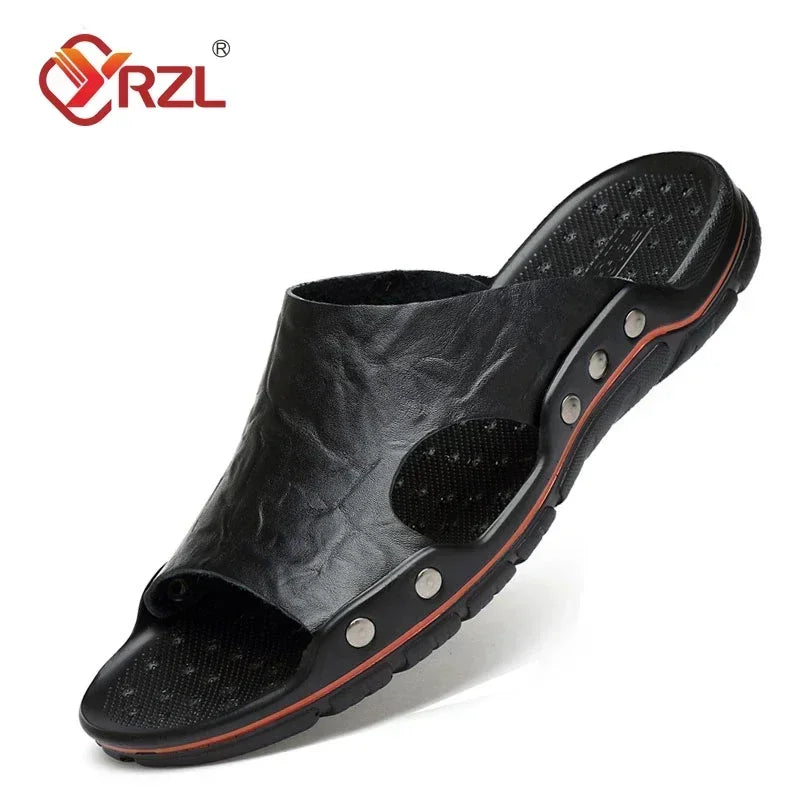 YRZL Mens Sandals PU Leather Classic Summer Men Slippers Soft Black Slippers Big Size Slippers Lightweight EVA Slides for Men
