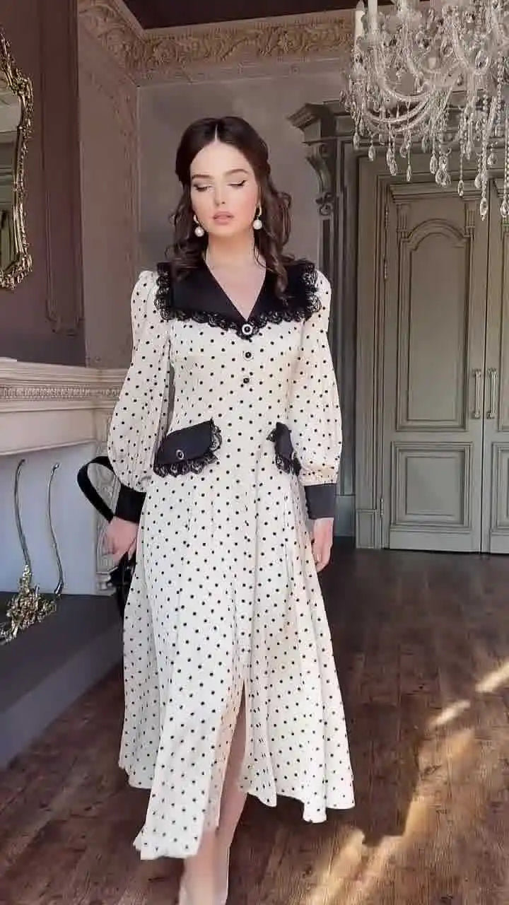 Fashion Print Office Women Dresses 2024 Elegant Doll Collar Long Sleeve Midi Dress Casual Single Breasting Female Dress