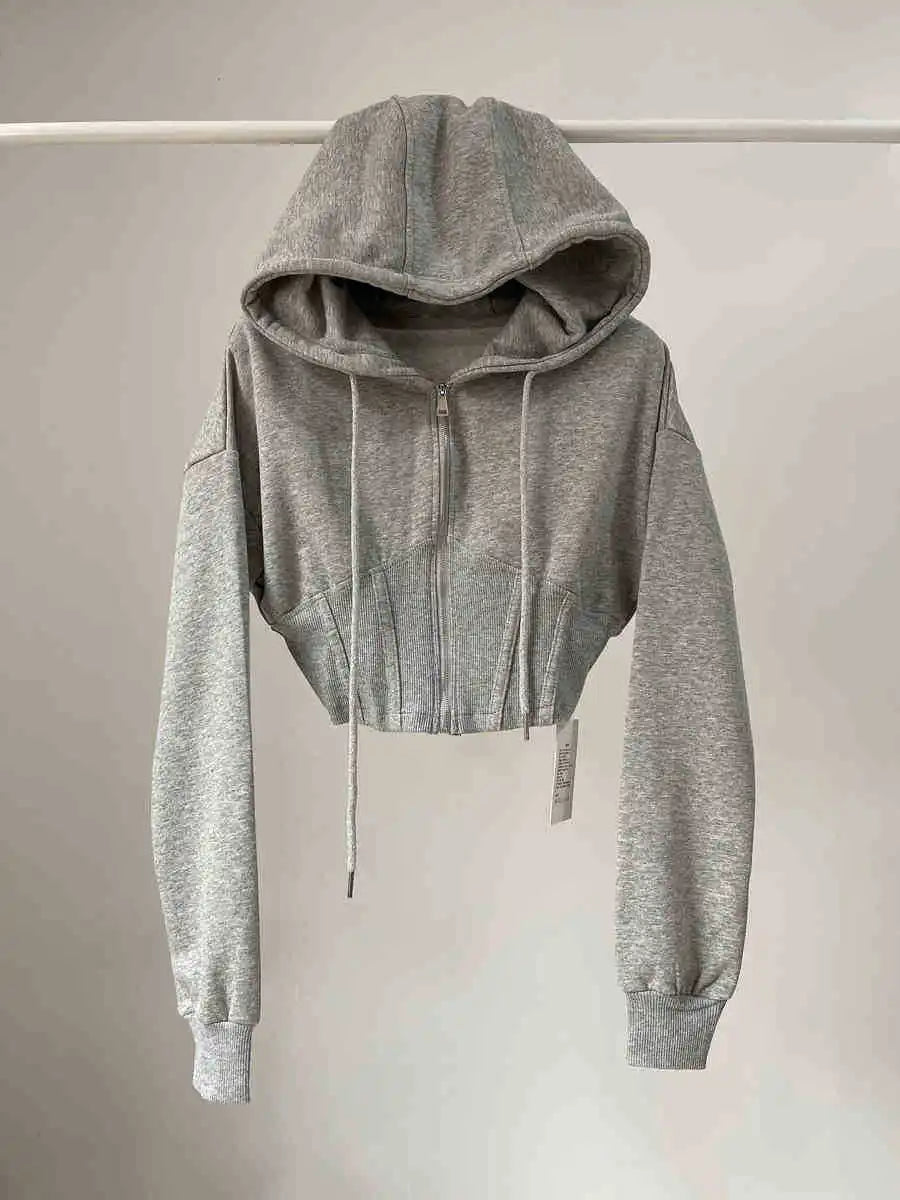 Hooded hoodie women's ultra short waist cinched open top jacket with exposed navel