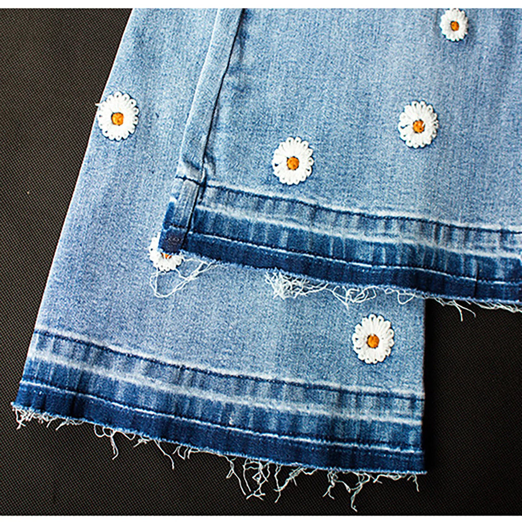 Ladies Daisy Embroidered Denim Pants Women's New Chic Long Fashion Personality Classic Versatile Flared Jean Trousers for Women
