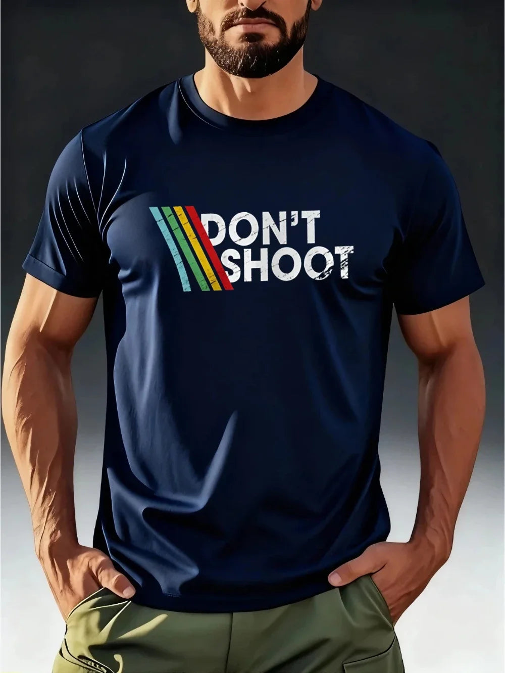 Men's Fashion T-Shirt Short Sleeve DON'T SHOOT Vintage Rainbow Stripe Print Men's T-shirts for Summer