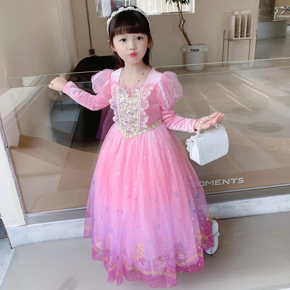 Girls Princess Pink Dress Children Rapunzel Pink Clothing Girls Spring Autumn and Winter Velvet Dress Kids Stage Performs Clothe