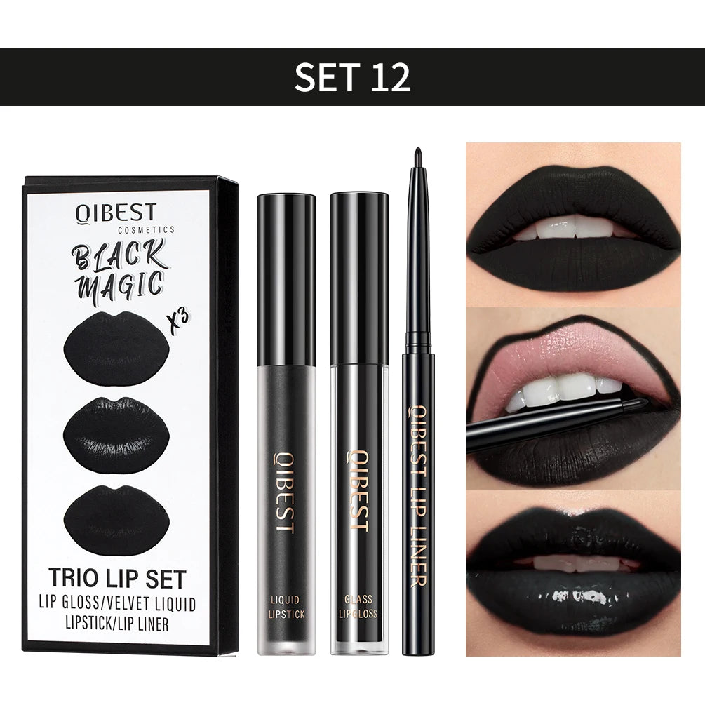 3pcs Lip Makeup Sets Lip Gloss Glaze Tint Long-lasting Matte Liquid Lipstick Waterproof Sweatproof Lip Liner Pencil Contour Kits