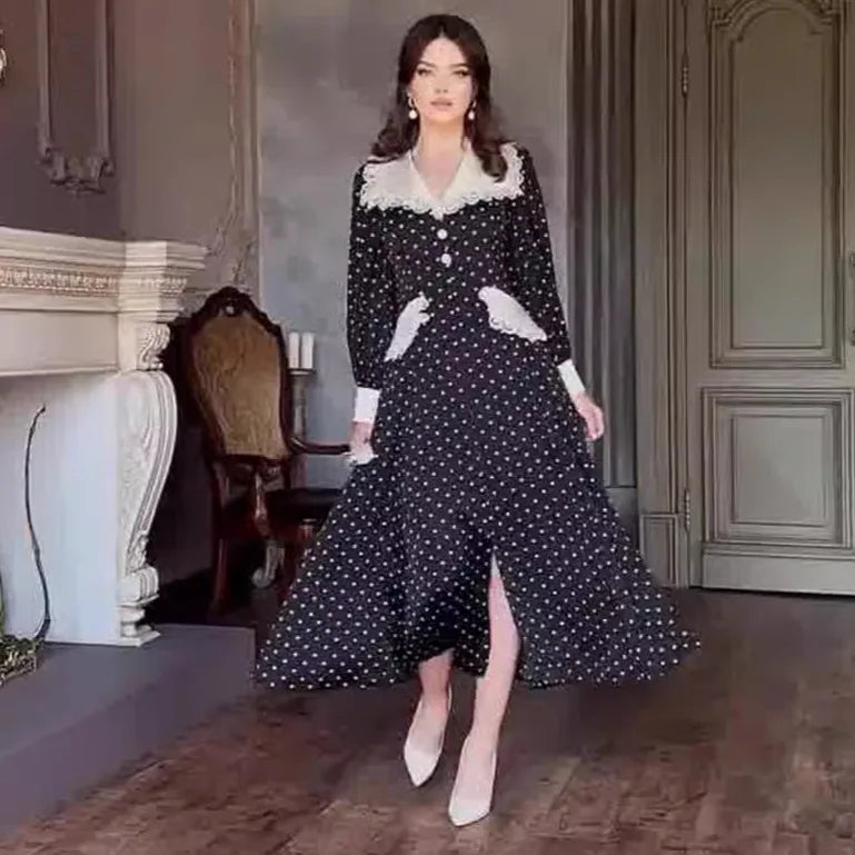 Fashion Print Office Women Dresses 2024 Elegant Doll Collar Long Sleeve Midi Dress Casual Single Breasting Female Dress