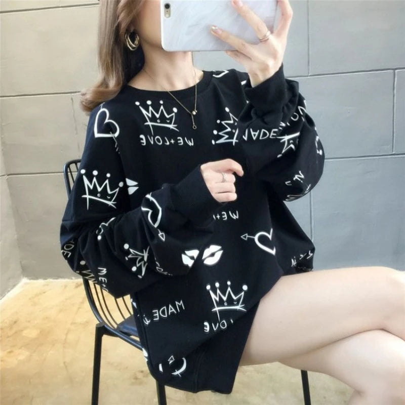 Women's Sweatshirts Black Youthful Clothes Emo Sport Korean Streetwear Y2k Japanese New In Plus Size Female Pullover Top Graphic