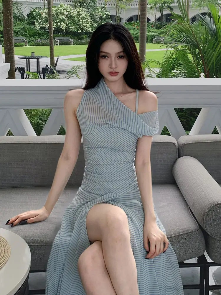 French Holiday Style Blue-green Striped Chiffon Waist-cinching Long Halter Neck Dress for Women, New Summer 2026