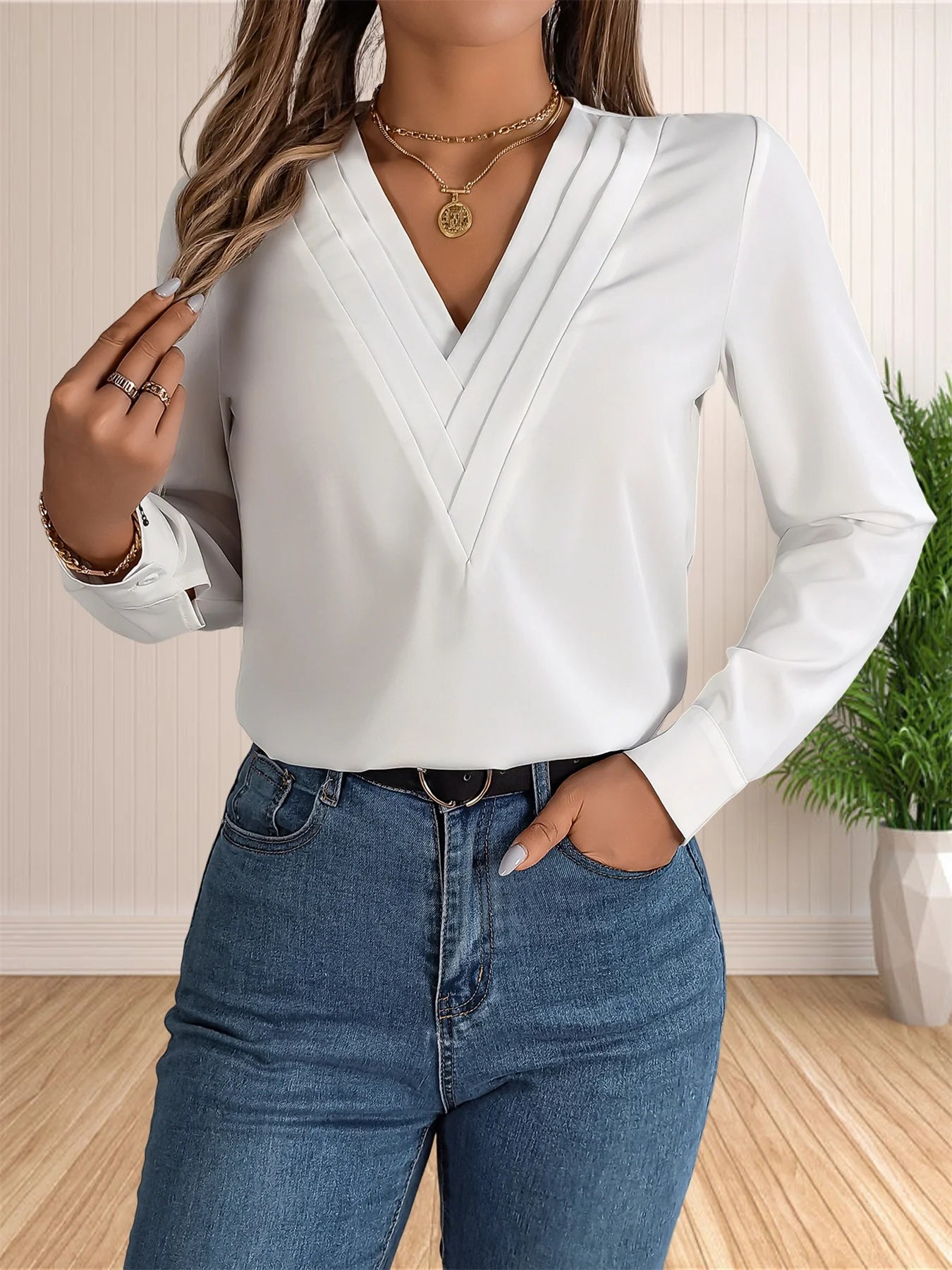 Women's Elegant Business Office Blouse Layered V Neck Long Sleeve 2024 Dressy Shirts Work Tops