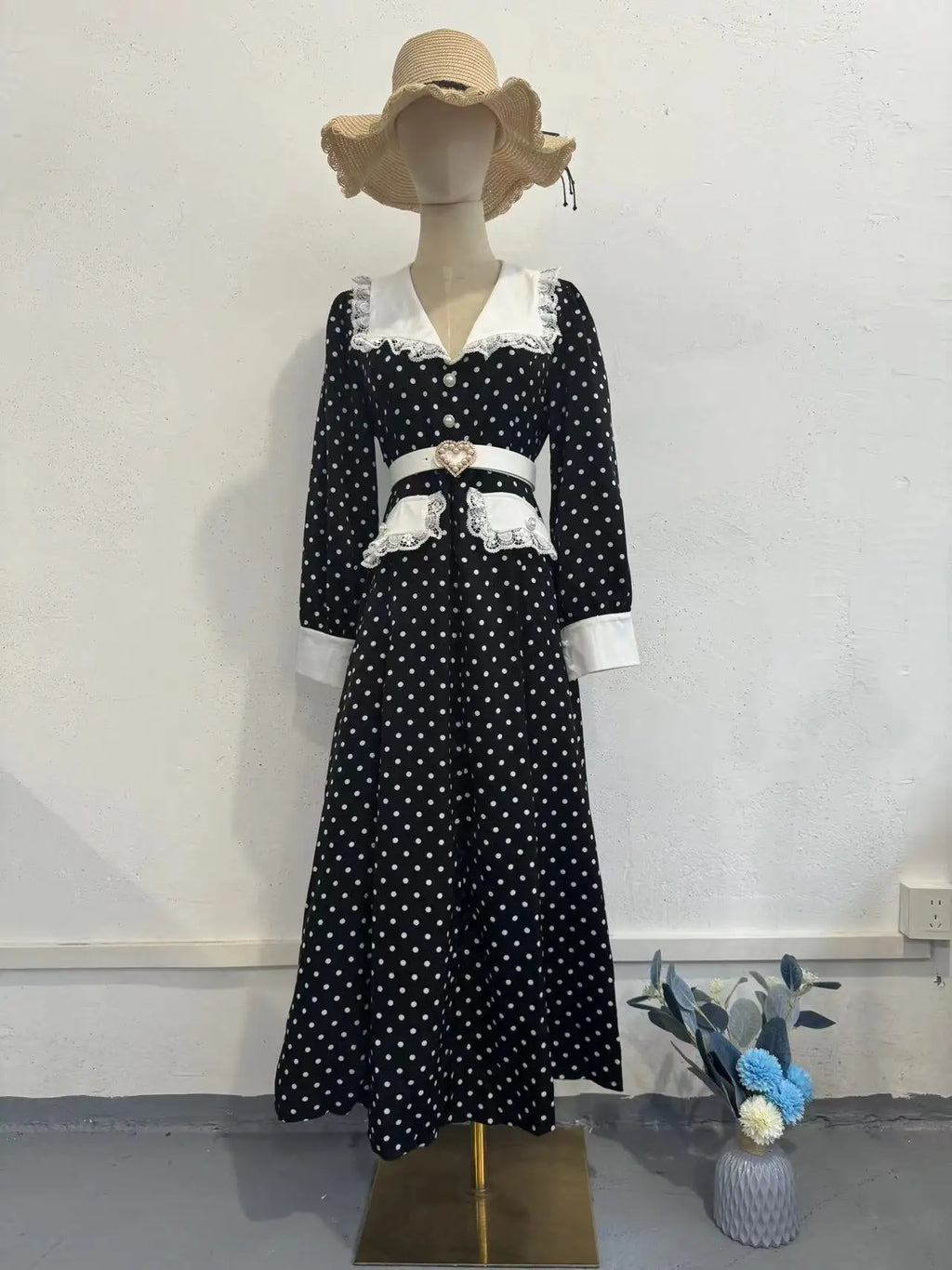 Fashion Print Office Women Dresses 2024 Elegant Doll Collar Long Sleeve Midi Dress Casual Single Breasting Female Dress
