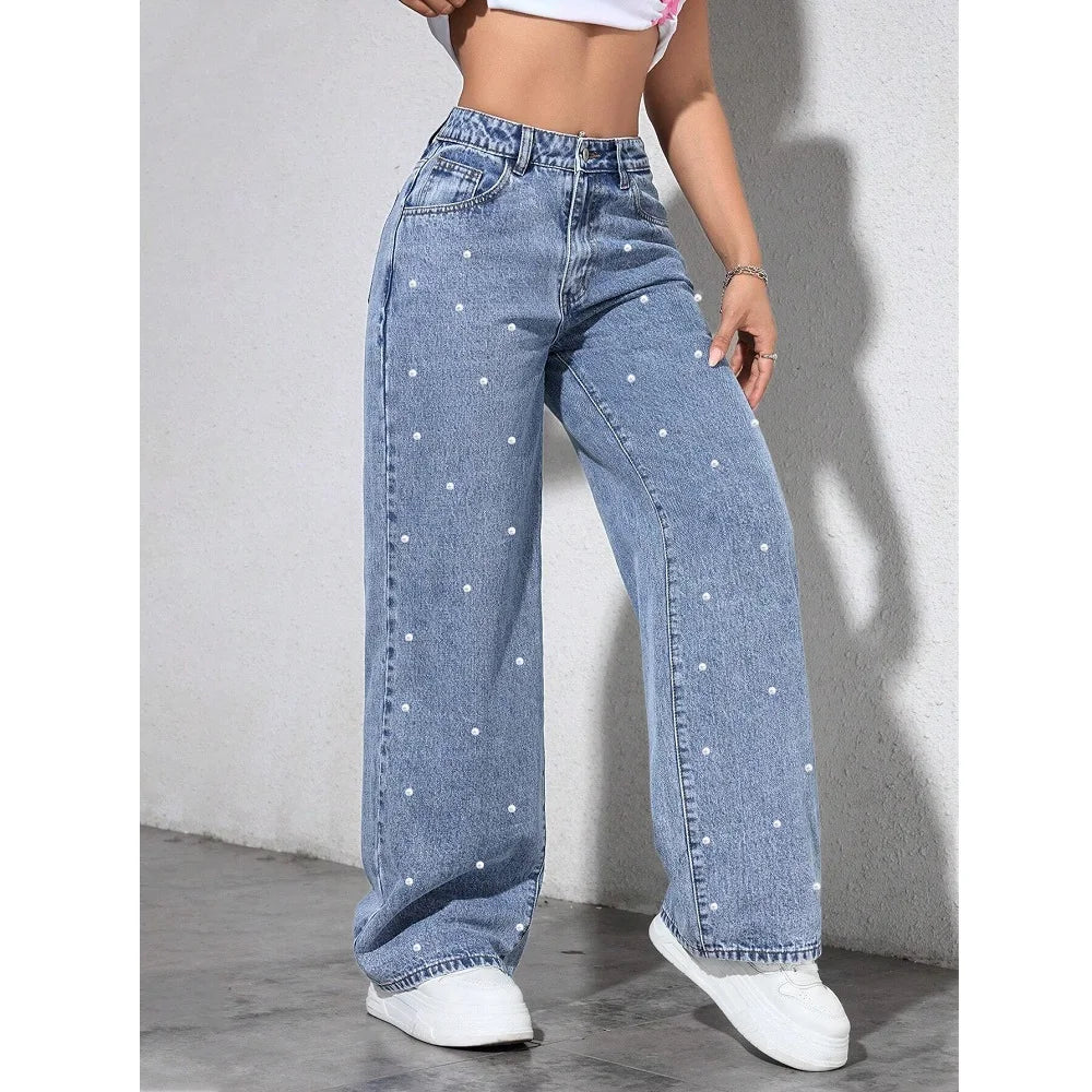Women High Waist Denim Jeans Ladies Fashion Beading Straight Pants